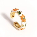 Detail of gold open ring with white enamel layer and orange daisy floral pattern - Adjustable Open / White