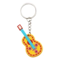 Cartoon yellow PVC guitar keychain featuring colorful patterns and a silver metal ring - Guitar