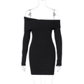 Close-up of black knitted bodycon dress with off-the-shoulder neckline and long sleeves - S / Black