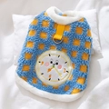 Blue and yellow checkered puppy vest with fleece texture and cute cartoon clock embroidery - S / Blue Yellow Clock