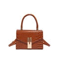Brown crocodile embossed square handbag with golden hardware and top handle - Brown