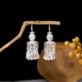 Ethnic style silver tassel earrings featuring hollow beads and layered fringe drops - Hollow Bead Multi-layer Tassel Style (E1618-3)