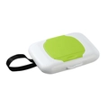 Portable white wet wipe dispenser with green lid and black hanging strap for travel - Green