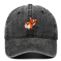 Dark grey washed denim baseball cap with cute corgi embroidery for outdoor sun protection - Black