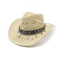 Detail of woven straw cowboy hat with ethnic embroidery and silver metallic pendants - M (56-58cm) / Beige