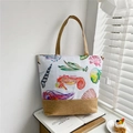 Linen tote bag with colorful sea life prints and durable brown jute handles - White Shell
