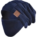 Passamontagna in maglia blu scuro con fodera in pile e toppa in pelle marrone - Blu navy