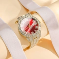 Luxurious gold watch with red dial and full diamond setting on a display stand - Gold with Red Dial