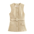 Elegante chaleco de tweed beige para mujer con tejido texturizado, botones simples y cinturón - XS / Oro Champaña