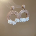Detail of bohemian rattan circle earrings with white fabric floral accents on stand - 17# 925 Sterling Silver Earring Post - Coffee - 3D Fabric Flower Rattan