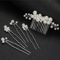 Dettagli di accessori per capelli da sposa con perle bianche e filo d'argento su nero - Argento (1 Pettine + 4 Forcine)
