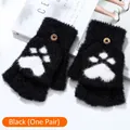 Winter black thermal knitted convertible flip gloves with white paw print and brown button - Black with Cat Claw