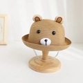 Adorable children's straw sun hat with cute cartoon bear ears and chin strap detail. - 50-52cm / Hat / Khaki