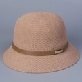 Close-up of pink knit bucket hat with a brown leather strap and gold buckle detail - M(56-58cm) / Khaki