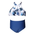 Maillot de bain deux pièces fille avec imprimé palmier, licou à volants et culotte bleu marine - 152 / Cocotier à Lacets