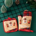 Thick Christmas oven mitt and pot holder set with red plaid Santa and reindeer design - Three Santas