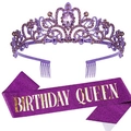 Sparkling purple birthday queen sash and rhinestone crown set for party decoration - One Size / Purple Rhinestone + Purple Queen Sash