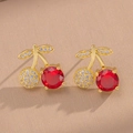 Elegant gold cherry stud earrings with red gemstones and clear rhinestones on champagne base - Cherry Studs
