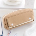 Large capacity beige canvas stationery pouch with dual buttons and a flip-top lid - Khaki (Double Button Series)