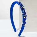 Detailed view of luxury navy satin headband with sparkling blue crystal embellishments - Sapphire Blue