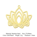 Macro shot of 27x30mm gold plated stainless steel lotus flower pendant with size specs - Gold Classic Lotus (5 Pack)