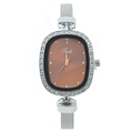 Fashionable oval women's watch with rhinestone bezel and silver mesh stainless steel strap - Coffee