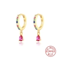 Detailed close-up of S925 sterling silver hoop earrings with pink teardrop crystal - Gold - Multicolor Zirconia