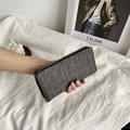Deep grey striped texture long wallet for women with elegant gold zipper closure - Black