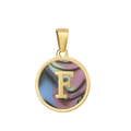 Pendentif rond classique en acier inoxydable plaqué or 18k avec la lettre F noire - F-Coquille Multicolore