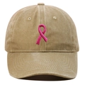 Detailed view of pink ribbon embroidery on khaki washed cotton baseball cap texture - Khaki
