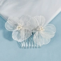 Peignes à cheveux de mariage avec pétales argentés et perles blanches, vue de 45 degrés - HS-J6708S Argent (Peigne à cheveux 7cmx5.5cm)