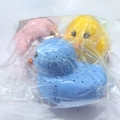 Pink, yellow, and blue duck water toys with filter holes in clear plastic packaging - Bath Duck 3pcs Set