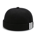Black Miki Hat with white stripes on side, brimless cotton skull cap for unisex fashion - Adjustable / Black