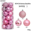 Pink 24-piece Christmas ball set with glitter, shiny, and matte finishes in a clear tube - 24 Count (8cm) / Pink