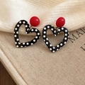 Detail of vintage red bead and black polka dot heart dangle earrings on woven texture - 14# Silver Pin - Black & White Heart