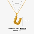Golden stainless steel necklace featuring a chunky letter U pendant with size dimensions - Letter U