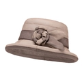 Elegante cappello cloche marrone in lino da donna con fiore decorativo in tessuto - Cachi