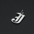 Detailed view of a silver Gothic letter J pendant made from polished stainless steel - Letter J