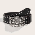 Zwarte leren riem in punkstijl met zilveren bloemengesp en decoratieve klinknagels - Zwart (Zilveren Klinknagels)