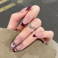 Silver V-shaped ring with pink heart diamond press-on nails in long coffin style - HY299 Nude Pink French Heart Rhinestone