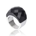 Titanium steel ring featuring a faceted black glass crystal on a silver band - Black (KR31896-K)