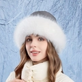 Winter women's white plush earflap bucket hat with grey quilted top and faux fur trim - Grey (8661-Grey)