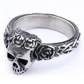 Close-up of gothic stainless steel ring with skull and rose floral carvings - US Size 8 / Rose Flower Skull Style (15102)