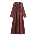 Vestido largo elegante marrón oscuro con cuello en V, detalle de nudo y manga larga - S / Castaño