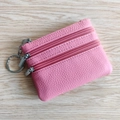 Pink genuine leather coin purse with three zippers and lychee grain texture - Pink