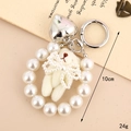Cute plush bear keychain with pearl bead chain and silver heart pendant decoration - Bowknot White Bear