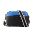 Royal blue and black leather crossbody bag with litchi texture and striped strap - Black/Blue