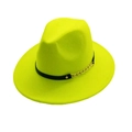 British style lime yellow wool felt fedora hat with gold chain and black leather band - One Size / Neon Yellow
