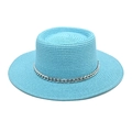 Light blue boater straw hat featuring a stylish silver metal chain around the crown - M(56-58cm) / Lake Blue