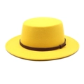 Detail of yellow wool boater hat featuring a flat brim and brown faux leather belt - M (56-58cm) / Yellow